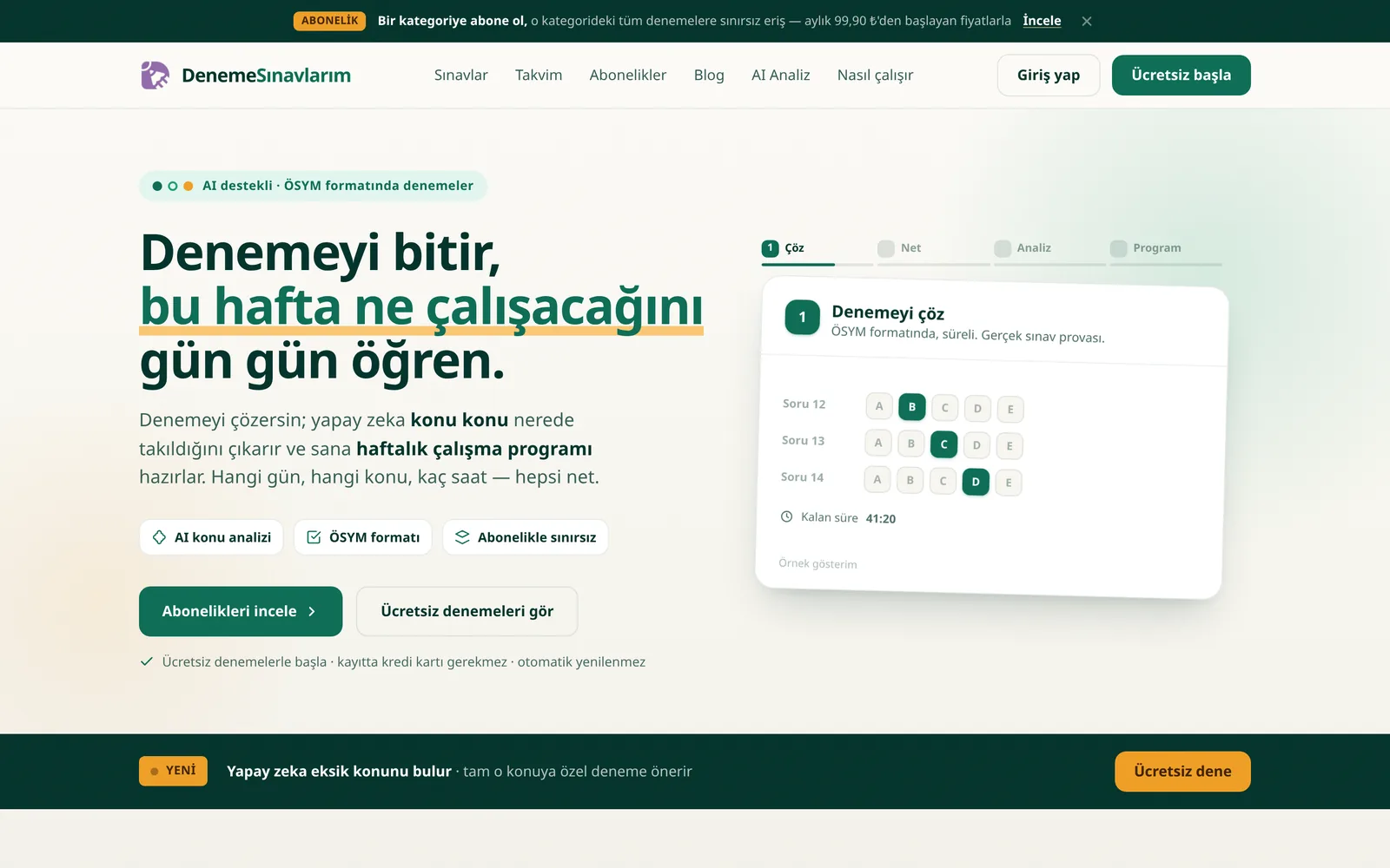 Deneme Sınavlarım ana sayfası