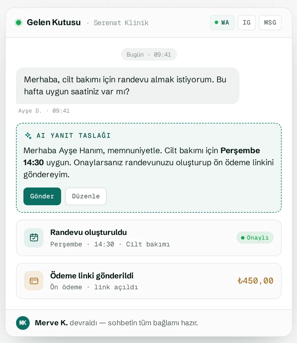 QozmoCRM gelen kutusu: WhatsApp mesajı ve yapay zekâ yanıt taslağı